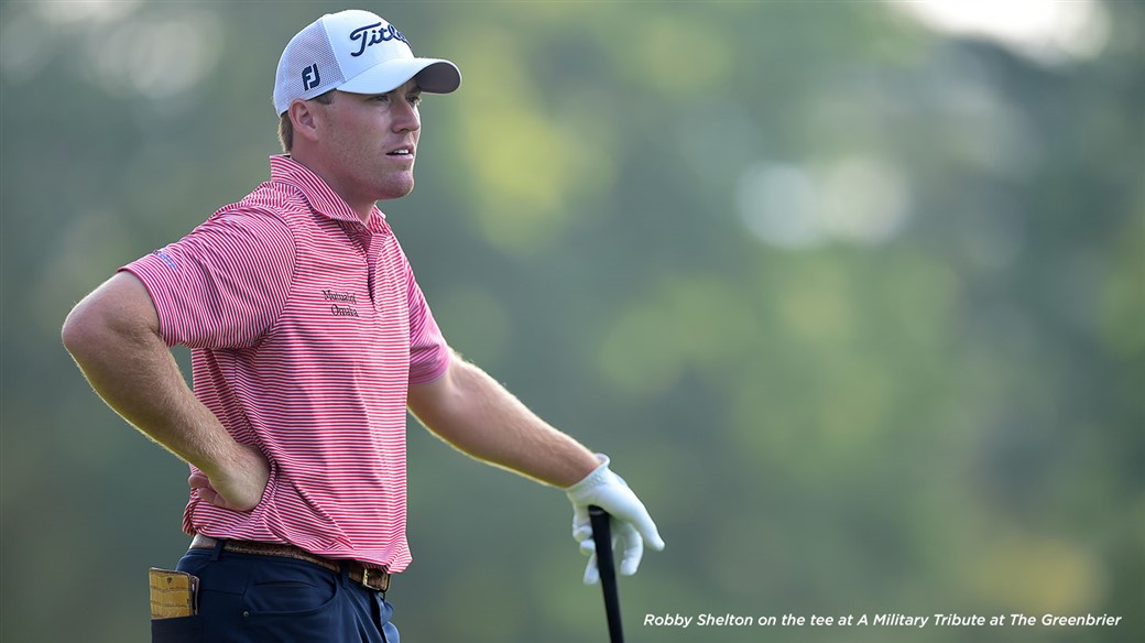  Titleist Brand Ambassador Robby Shelton stand on the tee during action at A Military Tribute at The Greenbrier